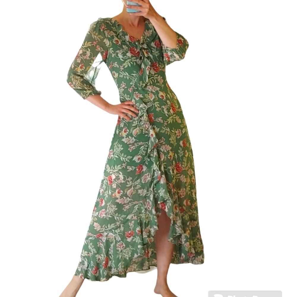 Skies are Blue green maxi dress floral ruffle trim 3/4 sleeves size Medium